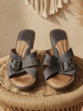 Born Blue Gray Studded Leather Wedge Sandals Size 9 MW